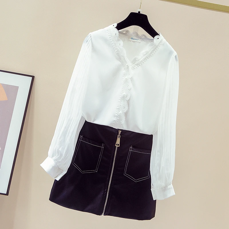 

2020 Autumn Women's Lace V Neck Long Sleeves Casual Chiffon Shirts Girls Ladies Shirt Blouse Tops A4078