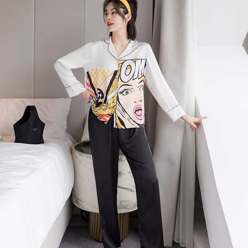 

Fashion Cartoon Printed Pajamas Sleepwear Spring Ice Silk Long Sleeve Trousers Suit Sexy Pyjamas Set Nightwear Homewear
