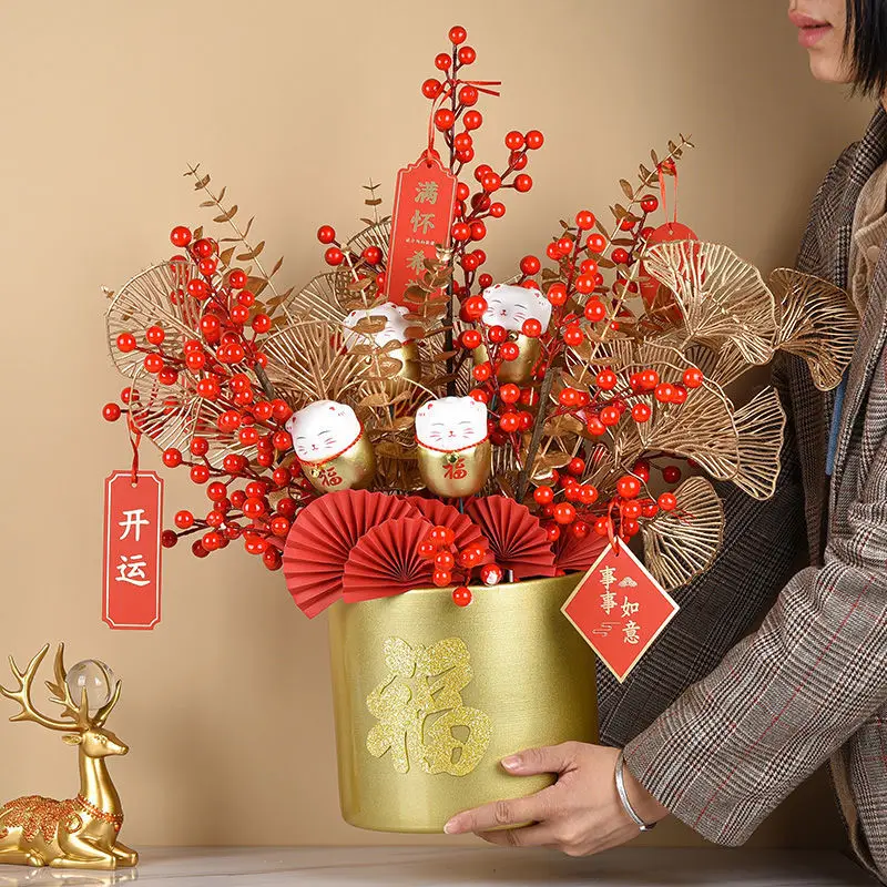 Китайская Красная фруктовая Фортуна металлическая ваза-ведро поддельные цветы