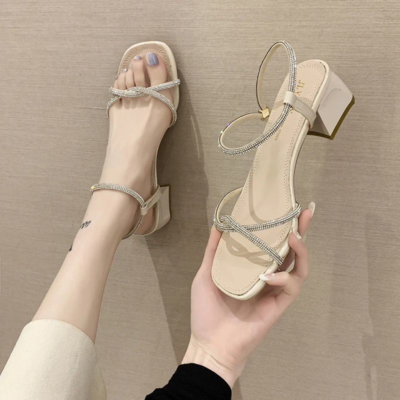 

Net Red Fashion Water Drill Sandals Fairy 2021 Summer Korean Version of The New Thin Belt Thick Heel High-heeled Roman Shoes