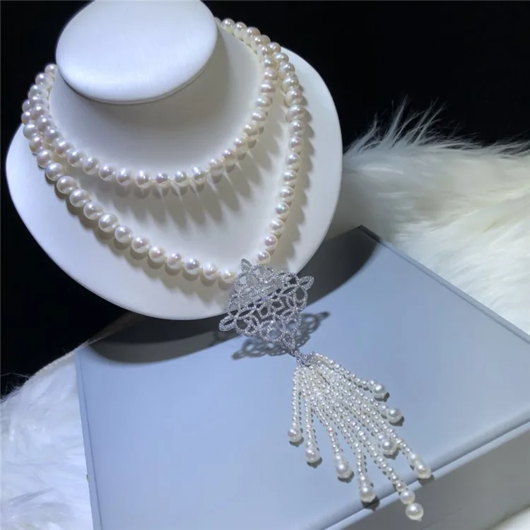 

100% natural freshwater pearl 9-10mm Hand knotted 75-80cm white round micro inlay zircon accessories necklace Luxuriousjewelry