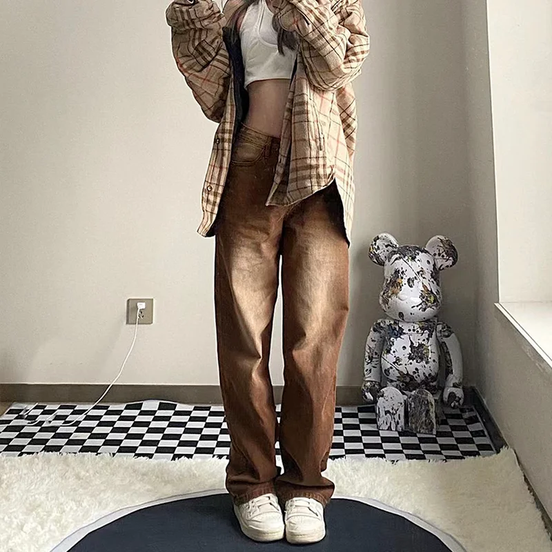 Straight Jeans Women Bleached Washed Denim Brown Hipster Oversize S-4XL All-match Schoolgirls Boyfriend Street Korean Fashion | Женская