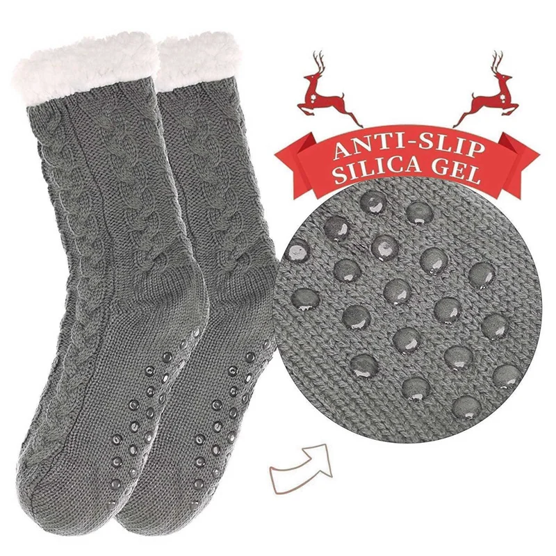 

Winter Women Thick Socks Cotton Fleece-lined Thermal Non-Skid Slipper Socks Grey Color Socks