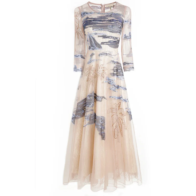 

Lace Evening Tulle Party Long Dress 2021 Spring Summer Vestidos Special Occasion Women Beading Embroidery Elegant Maxi Dress