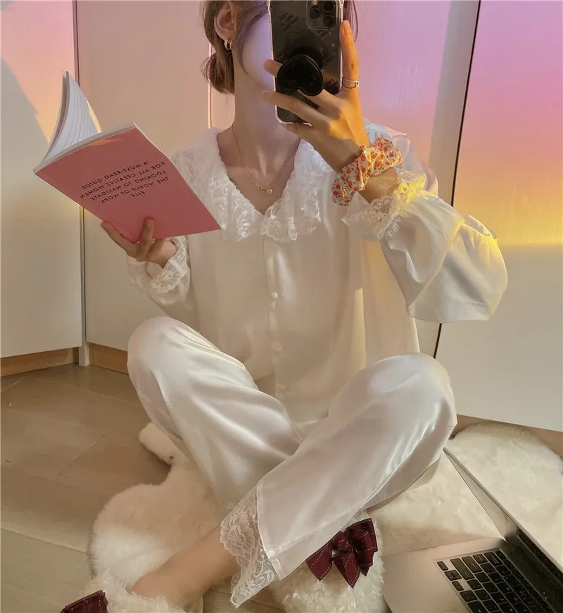 

Атласный Женский комплект из 2 предметов, сексуальная пижама с V-образным вырезом, длинные брюки, одежда для сна, домашняя одежда, тонкий кардиган, пижамные костюмы, интимная Пижама