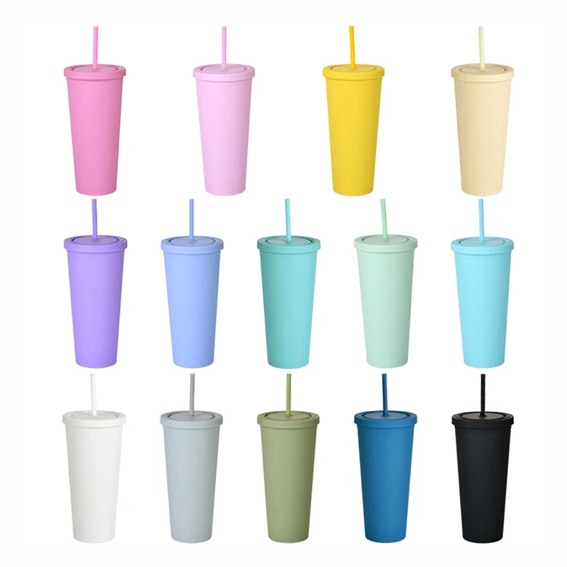 

24OZ Coffee Cup Milk Tumbler with Dome Lids Double Wall Plastic Drink Cup With Straw Reusable Clear Water Bottle Color Fruit Cup
