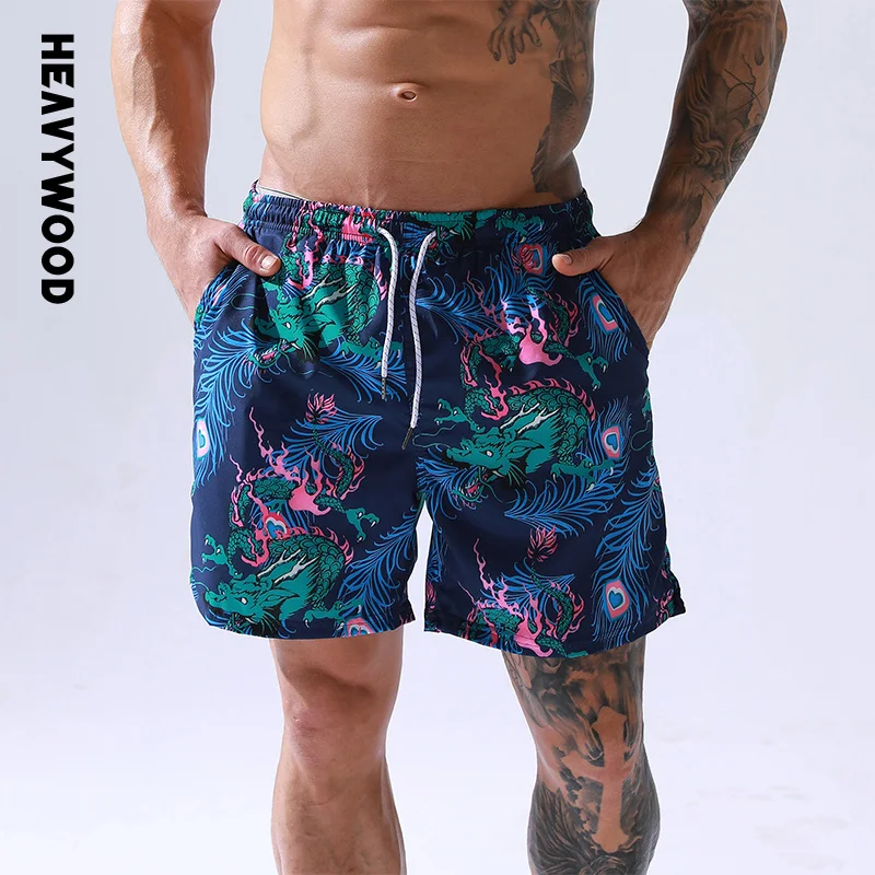 

Heavywood Summer Men's Quick Drying Swim Trunks Drawstring Dragon Print Mesh Lining Beach Shorts European Size Five Point Pants