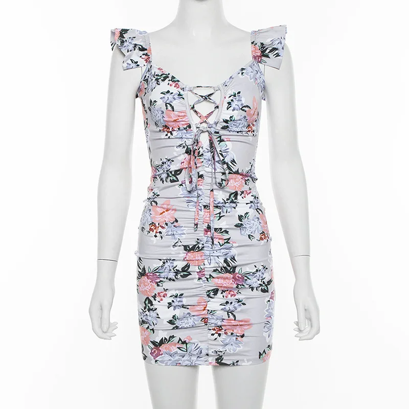 

Women Floral Print Low Bust V Neck Lace Up Skinny Dress Lady Casual Pleated Ruffles Slim Dresses Outfits 2019 New