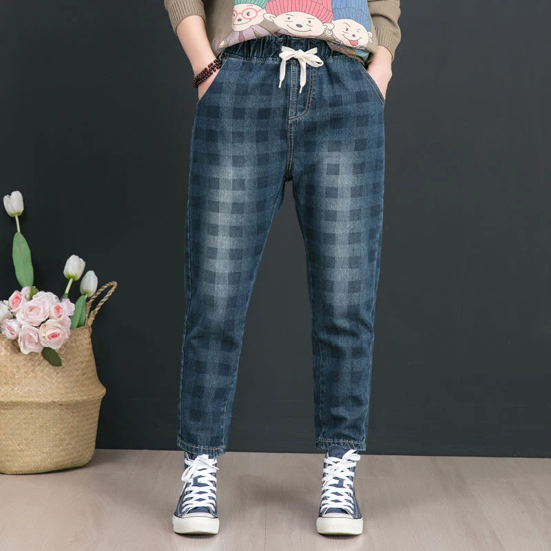 

2020 new autumn new art style women's elastic waist loose cotton jeans Harem Pants retro Plaid casual jeans plus size distressed