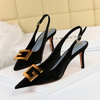 european and american fashion womens shoes fine heel high heel shallow tip hollow metal quartet buckle single shoes
