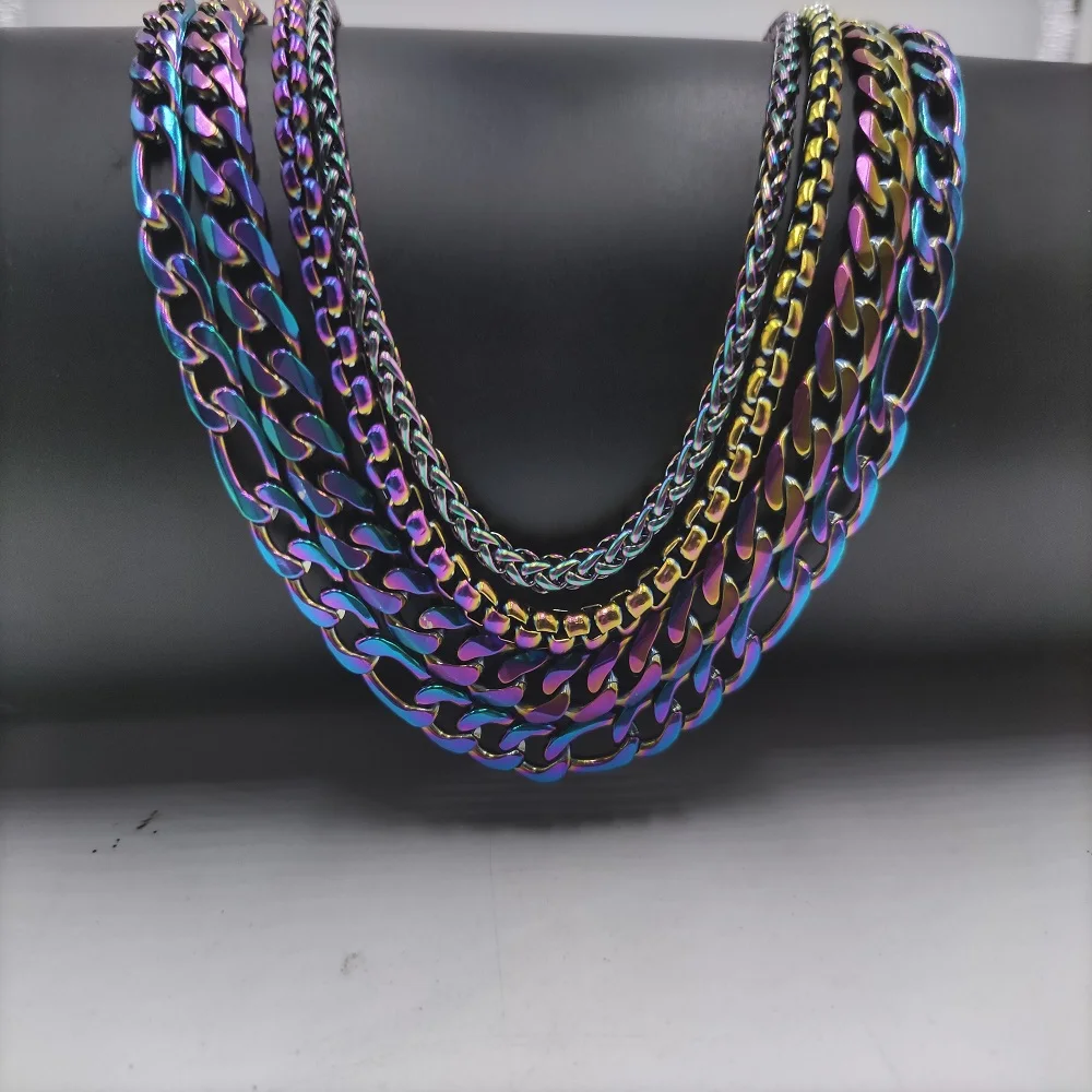 

Colorful Rainbow Curb Cuban Link Chain Necklace for Men Women Pendant Figaro Stainless Steel Jewelry Gifts Basic Punk Chunky