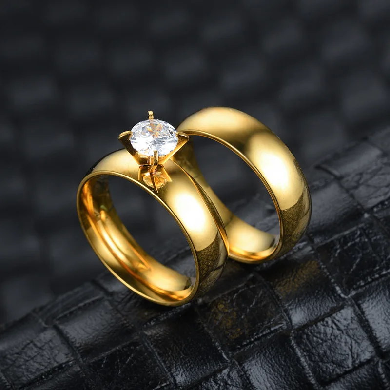 

Korean Gold Ring Stainless Steel Zircon Rhinestone Smooth Men Women Exquisite Rings Couple Wedding Gifts Elegant Jewelry