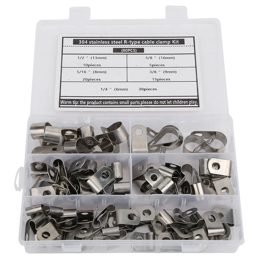 

80PCs R-Type Clip Cable Clamp Kit Hardware Parts 304 Stainless Steel Corrosion-Resistant 6-16mm