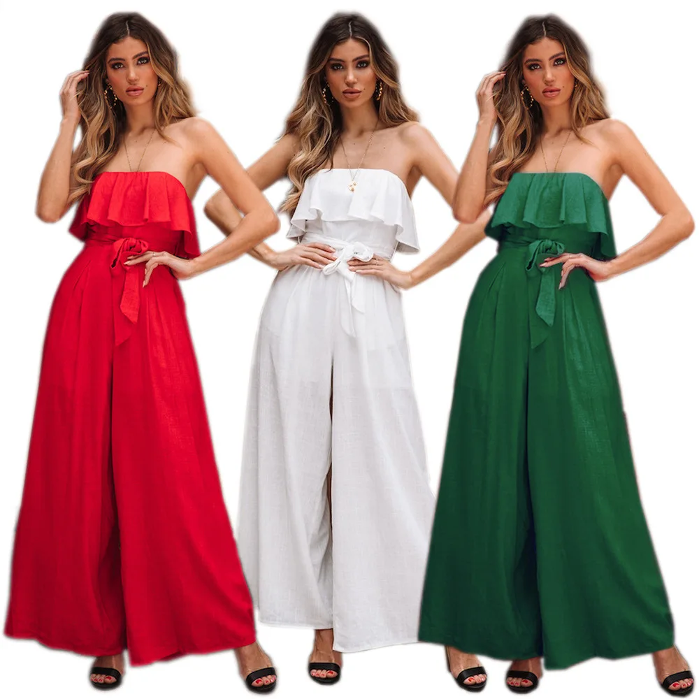 

Sexy Boob Tube Top High Waist Wide Leg Casual Pants Suit Waistband Pants Jumpsuit Summer Women's Fake Two-Piece Suit