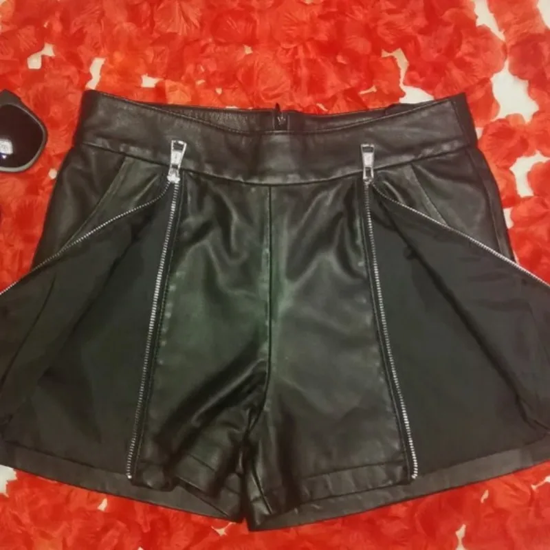 

Fashion Women Double Zipper Sheepskin Genuine Leather Sexy Night Club Hot Shorts Slim Fit Female Casual Short Trousers