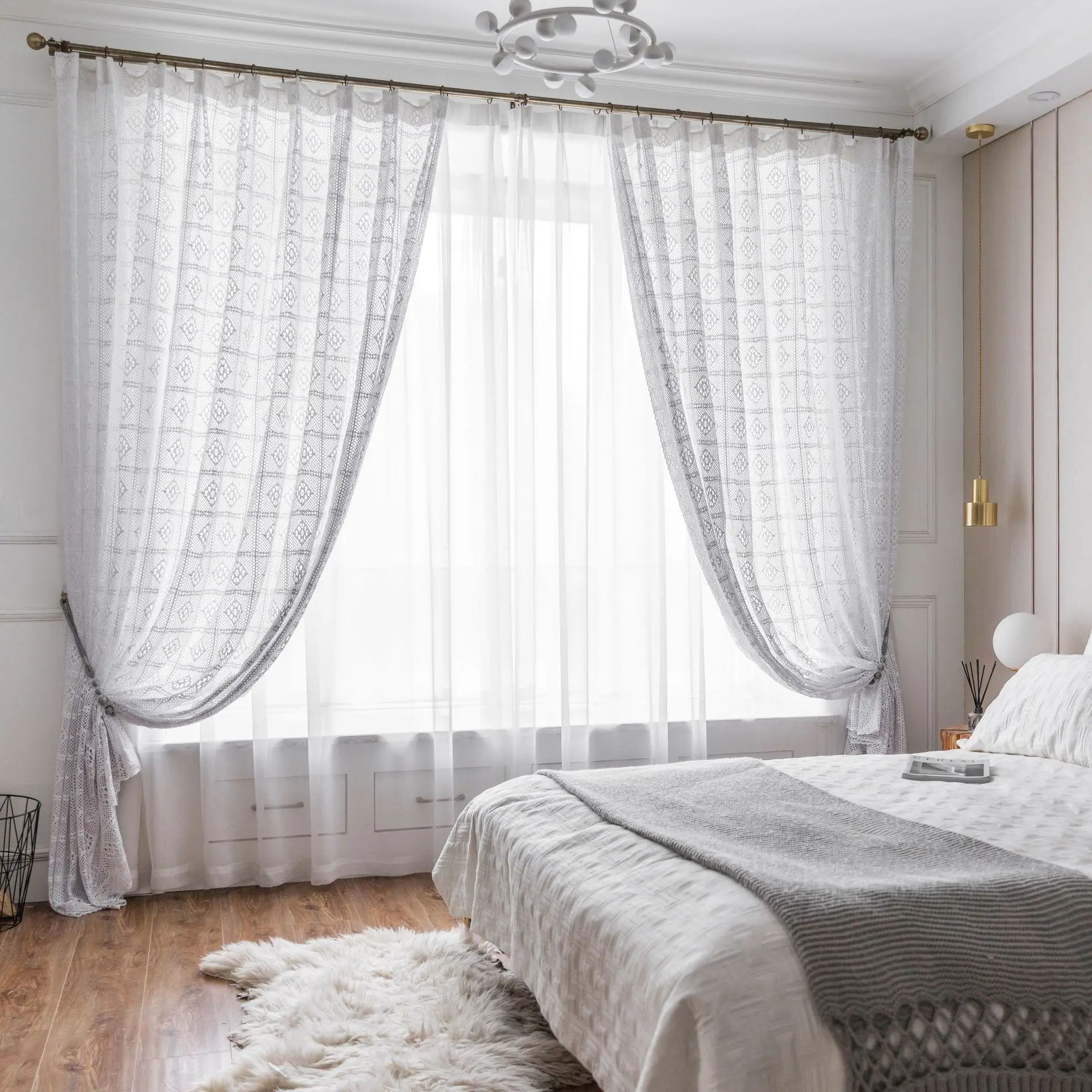 

SUCSES 2 Panels Crochet Window Curtains Cotton Linen Hollow Country Knitting Curtain for Living Room Rod Pocket Curtains