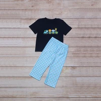 summer clothes navy blue short sleeve top blue plaid trousers train pulling lion elephant and giraffe embroidery boys clothes
