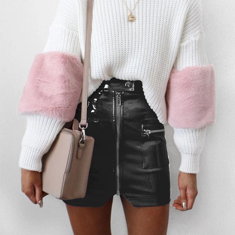 Короткая черная женская из искусственной кожи юбка Корейская Сексуальная