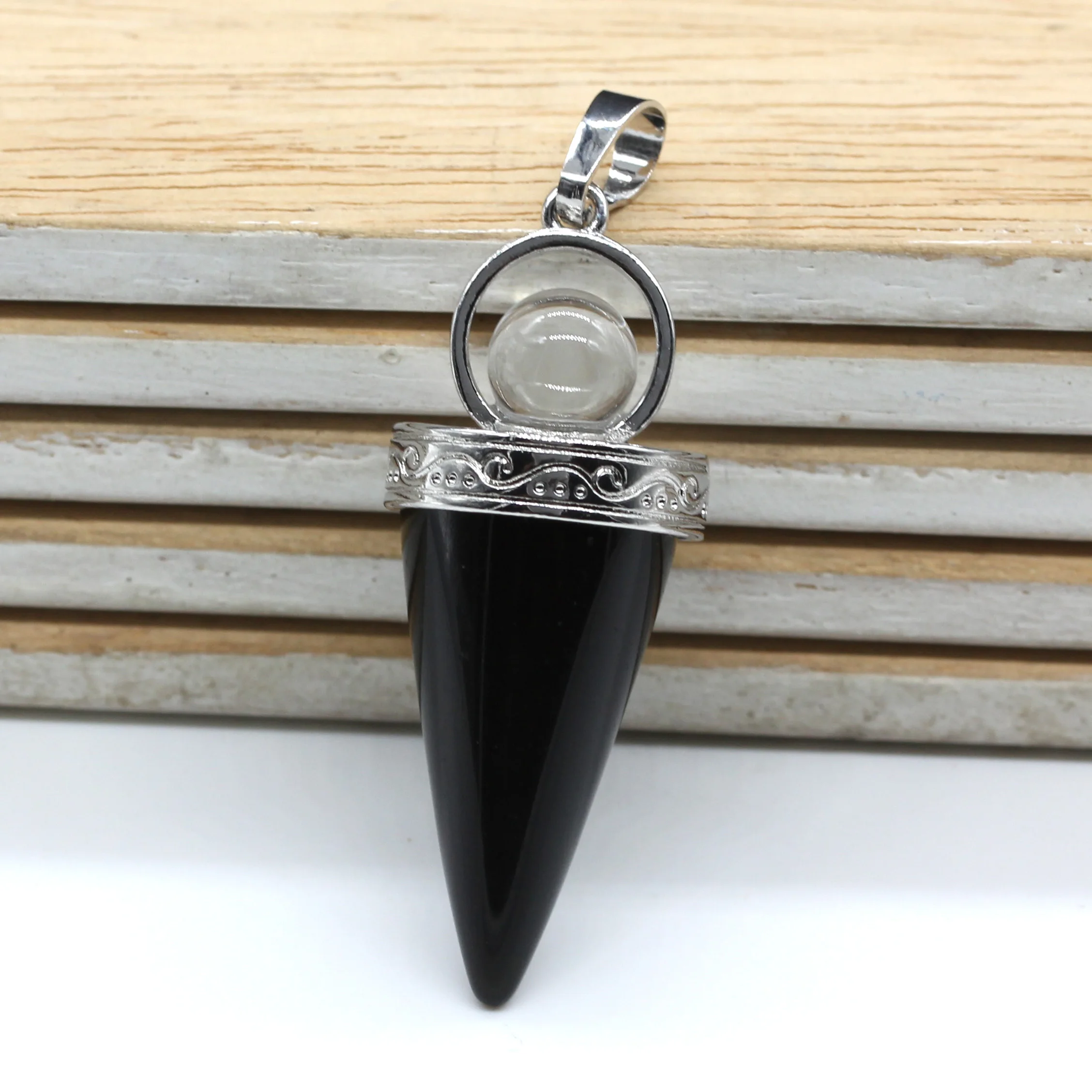 

100-Unique 1 Pcs Silver Plated Circular Cone Shape Pendulum Pendant with Round Bead Black Agates Jewelry