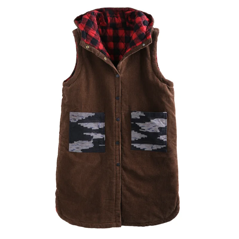 Женский клетчатый жилет Max LuLu повседневный вельветовый Длинный с капюшоном в