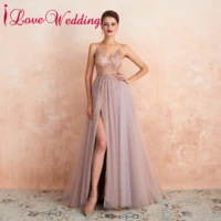 new arrival evening dress sexy spaghetti straps beaded a line high split robe de soiree long formal party gown