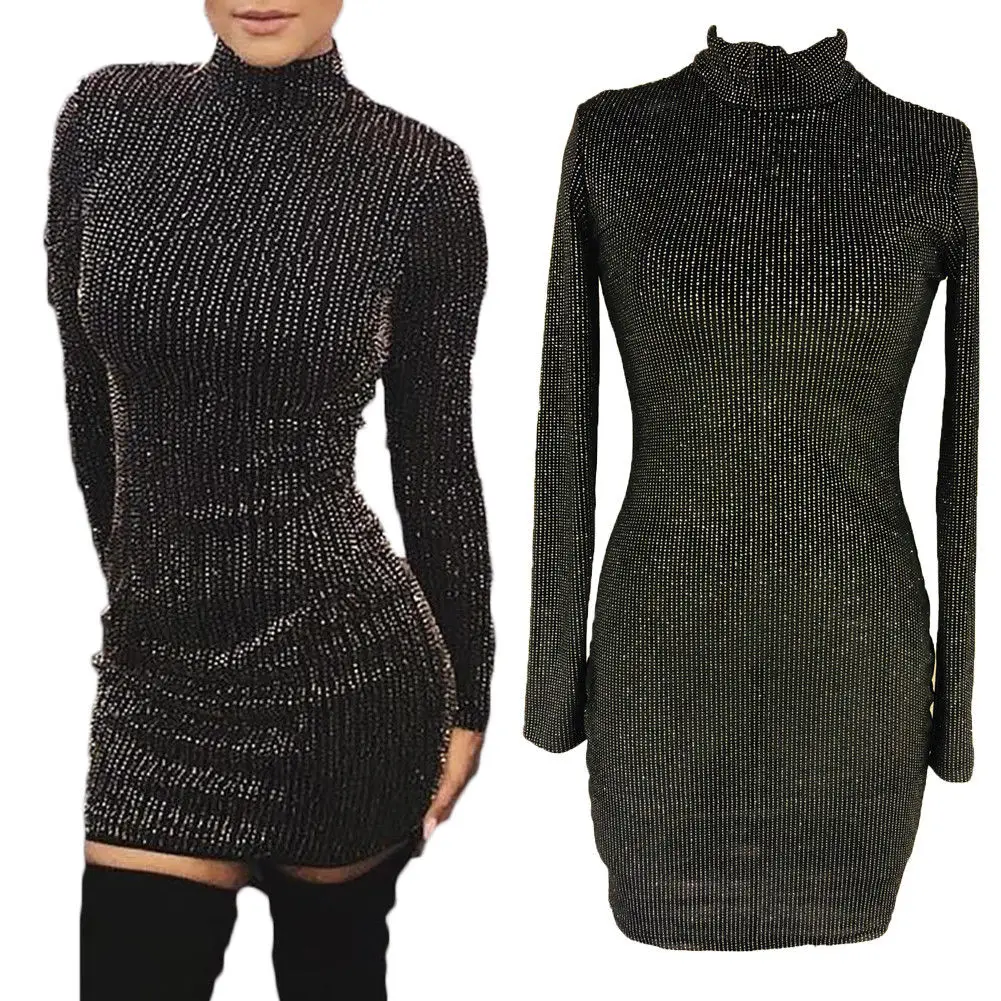 Women Sequined Long Sleeve Tassel Bodycon Party Club Turtleneck Skinny Casual Sexy Dress | Женская одежда