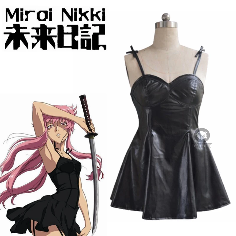 

Anime The Future Diary Gasai Yuno Black Daily PU Leather Dress Cosplay Costume Mirai Nikki Sexy Skirt Performance Costum