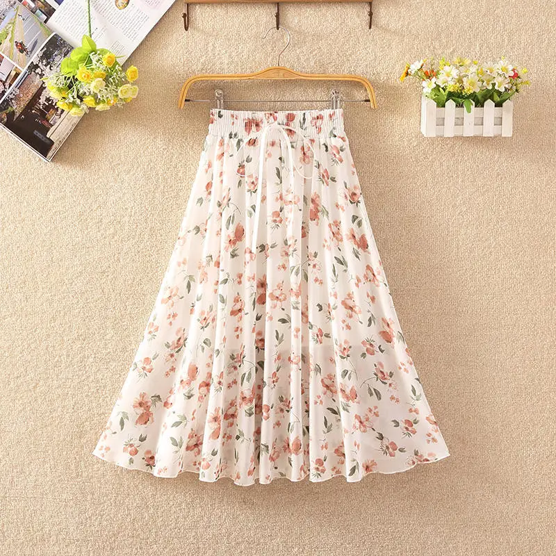 

New Summer Vintage Skirts Women Casual Chiffon Print Beach Boho Skirt Female Elegant Saia Elastic High Waist Pleated Skirt Women