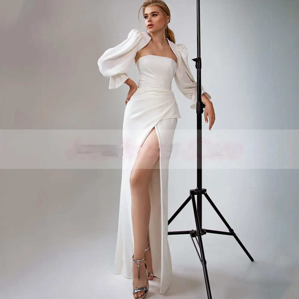 

Elegant Long Sleeve Side Slit Strapless Wedding Dresses for Guest Jersey Floor-Length Sheath Pleat Zipper Back Bridal Gowns