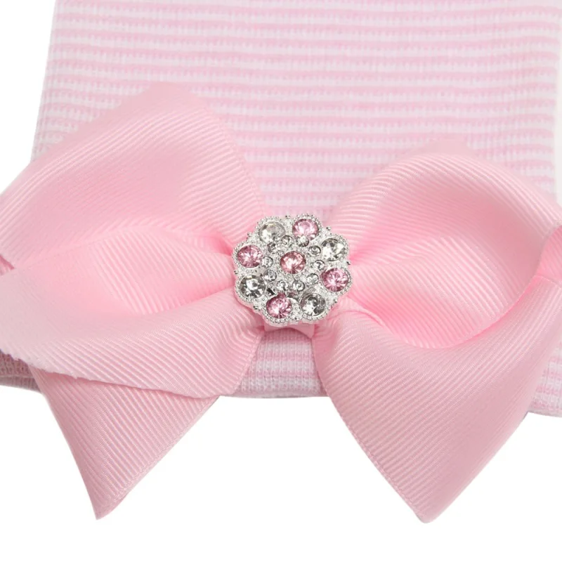 Newborn Baby Girl Boys Cute Striped Bowknot Hospital Hat Beanie Stretchy Cap With Shiny Diamonds hot | Детская одежда и обувь