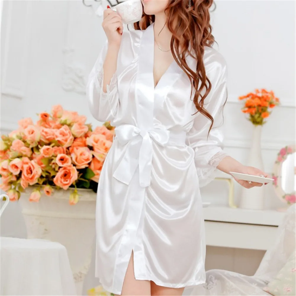 Sexy Lingerie Plus Size Satin Lace Black Kimono Intimate Sleepwear Robe Sexy Night Gown Women Erotic Underwear