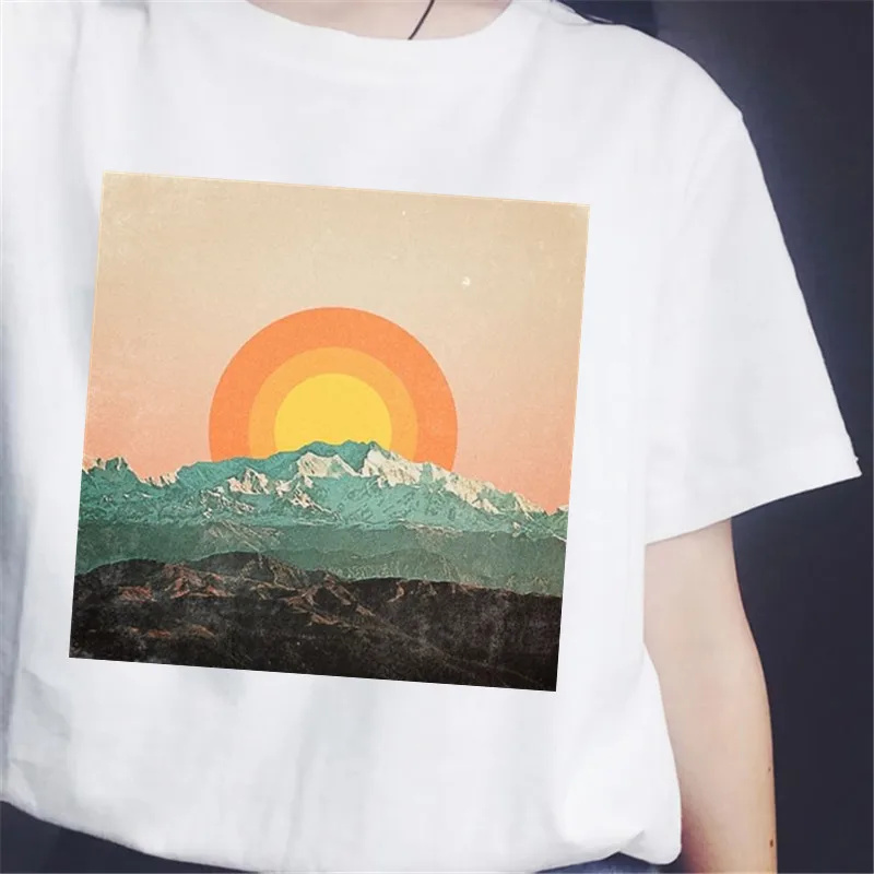 

New Harajuku The Great Wave and Sun Aesthetic T-Shirt Women Tumblr 90s And So It Is Ocean Fashion Graphic Tee Cute Summer Tops