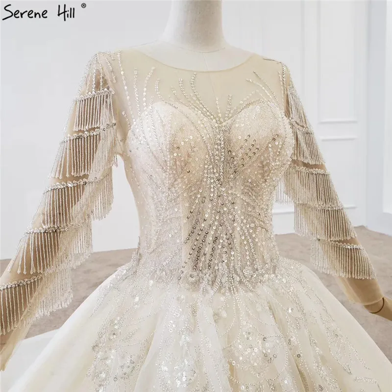 Свадебное платье цвета шампанского с длинными рукавами 2021 круглым вырезом