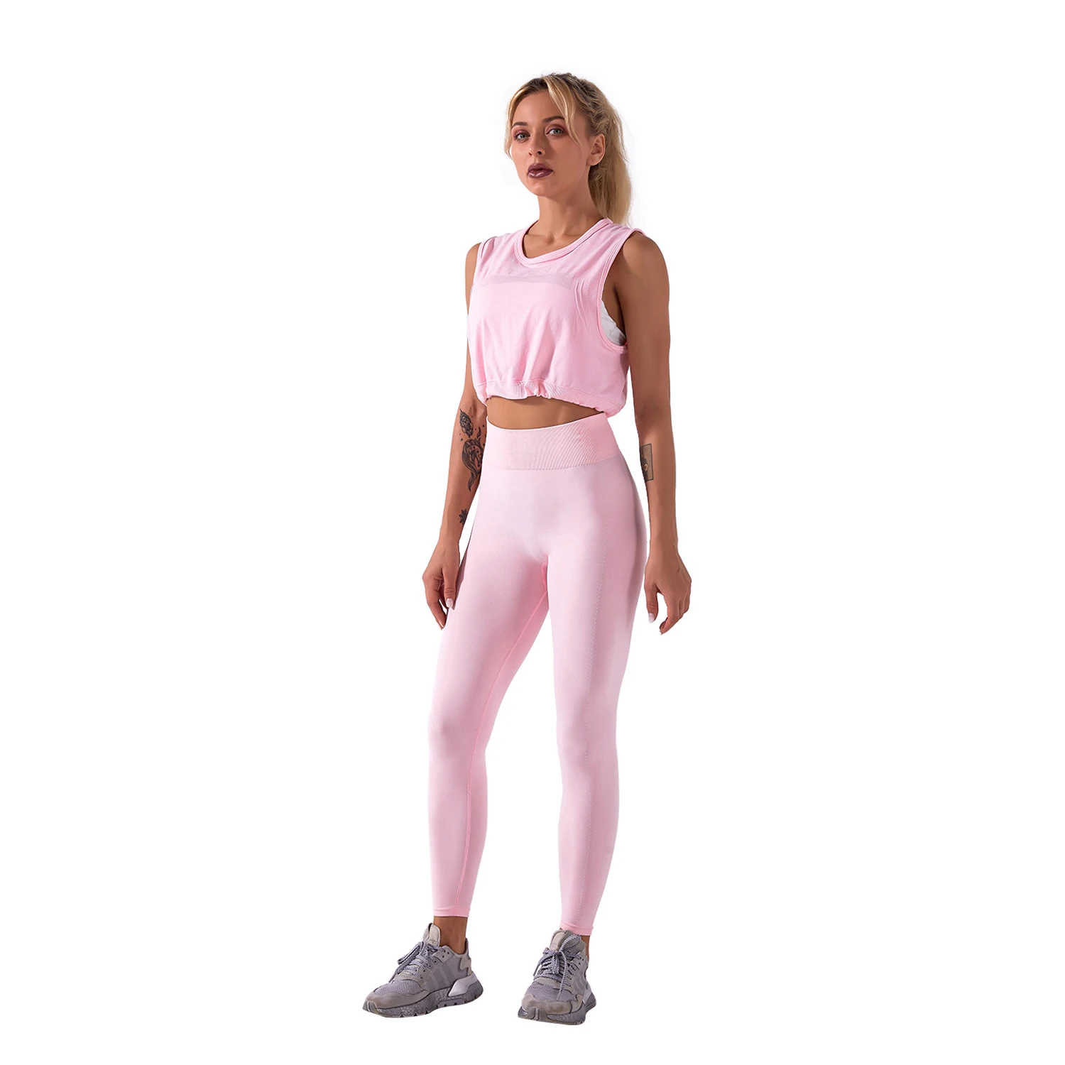 

2 Piece Sports Suits New Shark Women Seamless Yoga Set Fitness Gym Home Sportswear High Waist Leggings+Sport Vest Drawstring