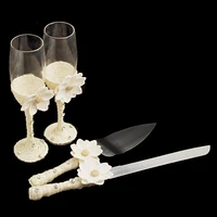 4pcs ribbon flower decorated stainless steel cake knife serving set champagne wine glass goblet cup for wedding birthday party