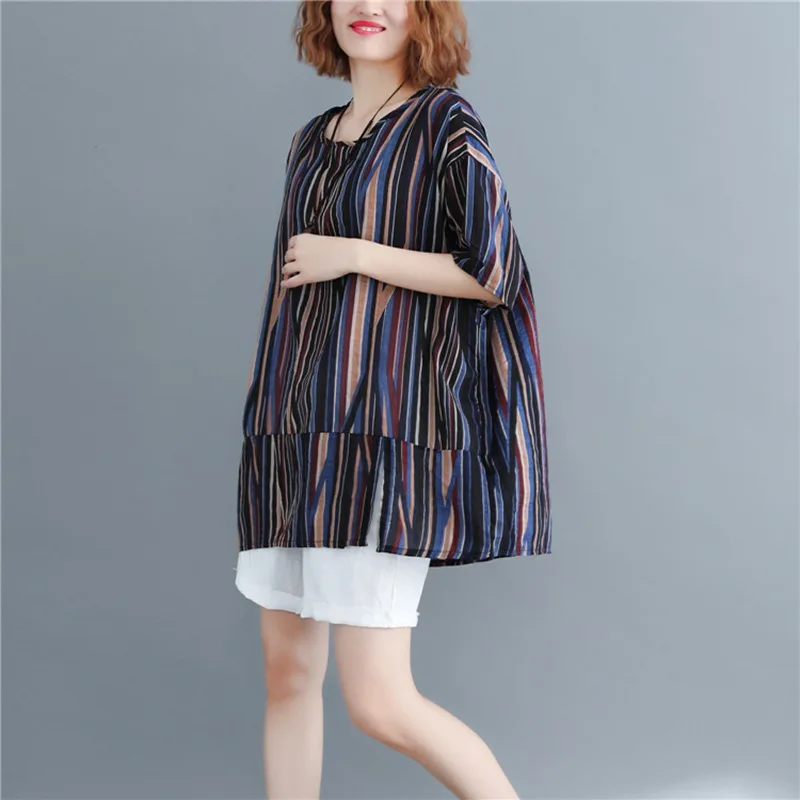 Женская хлопковая льняная блузка Повседневная Свободная длинная футболка в