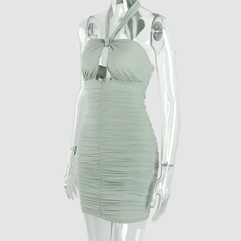 

ONEINALL Hollow Out Sexy Dress For Women Halter Sleeveless High Waist Solid Pleated Mini Dresses Females 2021 Summer New Stylish