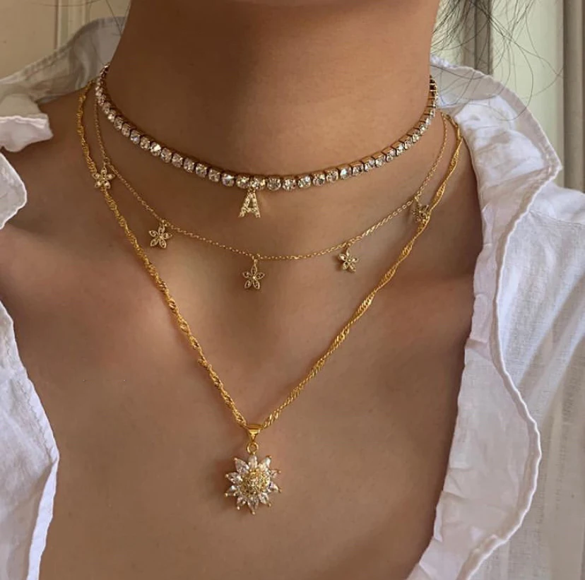 

Trendy Multilayer Letter Crystal Chain Pendant Necklace Women Gold Color Flowers Rhinestone Choker Necklace New Design Jewelry