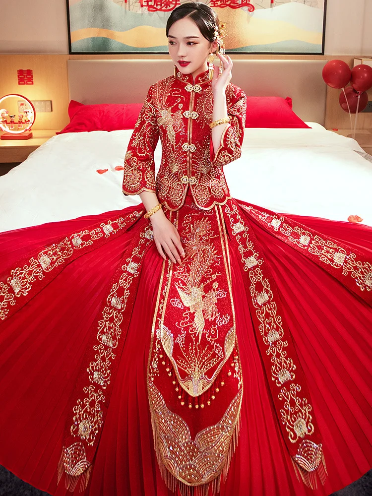 

Summer Seven Points Sleeve Marry Clothes High Quality Embroidery Cheongsam Chinese Traditional Bride Groom Wedding Dress Qipao