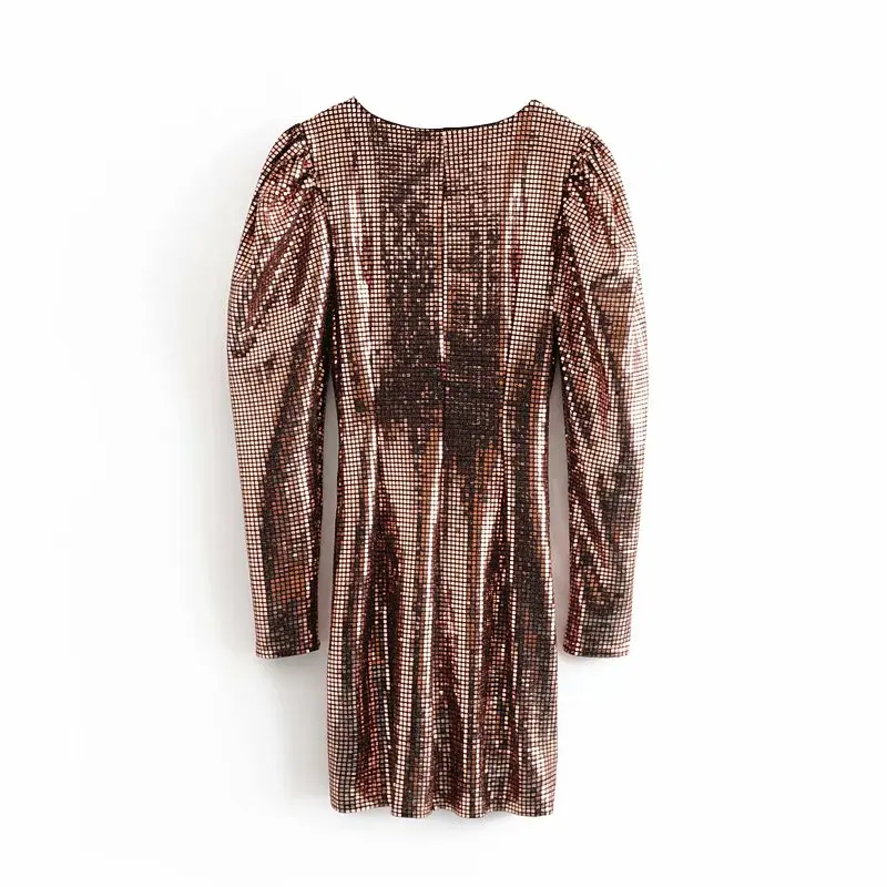 

Toppies Fashion Woman Sequined Party Dress Sexy V-Neck Mini Dress Ruched Pleated Long Sleeve Vestidos