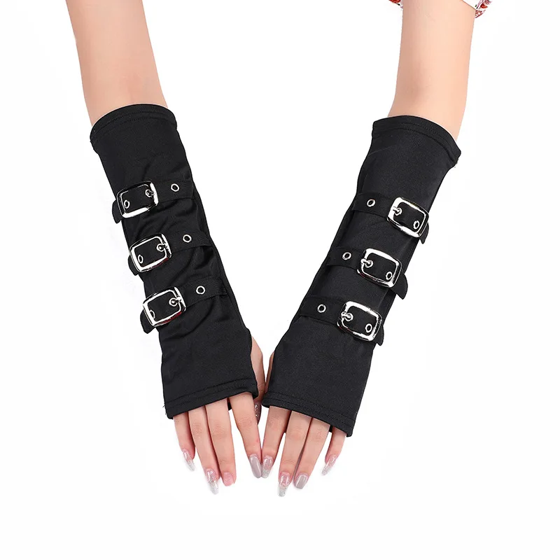 

Helisopus Punk Style Black Milk Silk Gloves Black Strap Metal Buckle Personality Gloves Hip-hop Party Sexy Fingerless Gloves