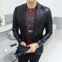 men suit black slim fit blazer hombre pu leather jacket male one button business casual prom korean suit coat
