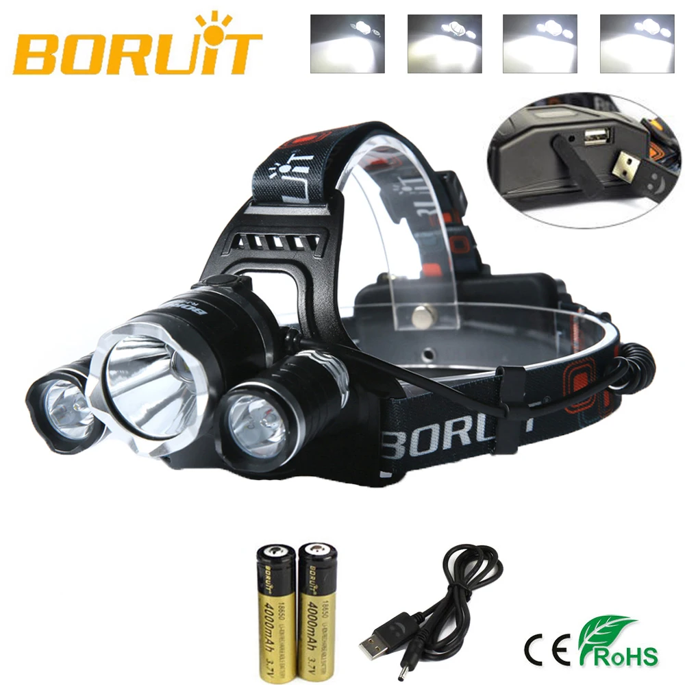 Головной фонарь BORUIT светодиодный 18650 лм с аккумулятором и зарядкой USB|headlamp headlight|led