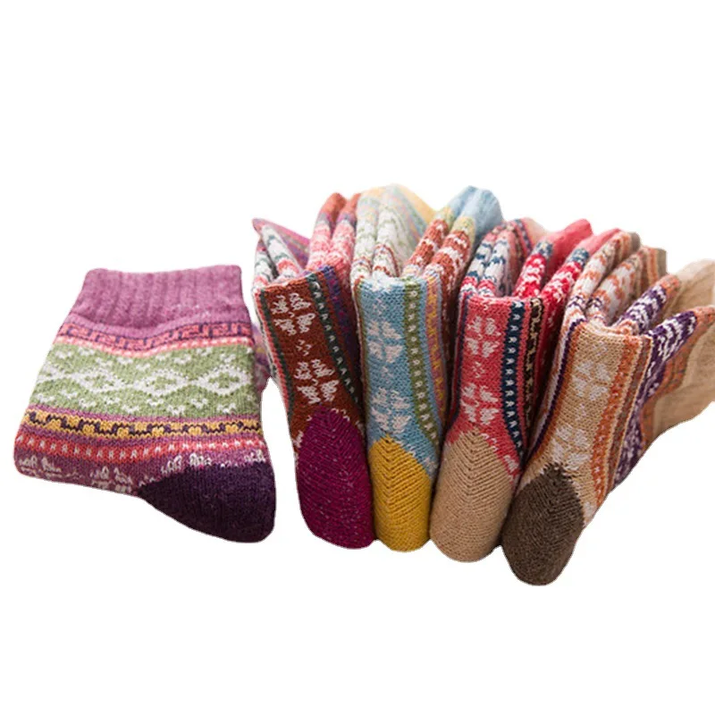 

5 Pairs Super Warm Winter Socks Women's Tube Socks Thickened Warmth Cross Flower Ladies Rabbit Wool Socks