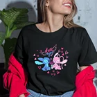 Женские летние футболки, новые товары, модные черные и белые футболки с мультяшным рисунком Лило и Ститч, удобные женские футболки с коротким рукавом