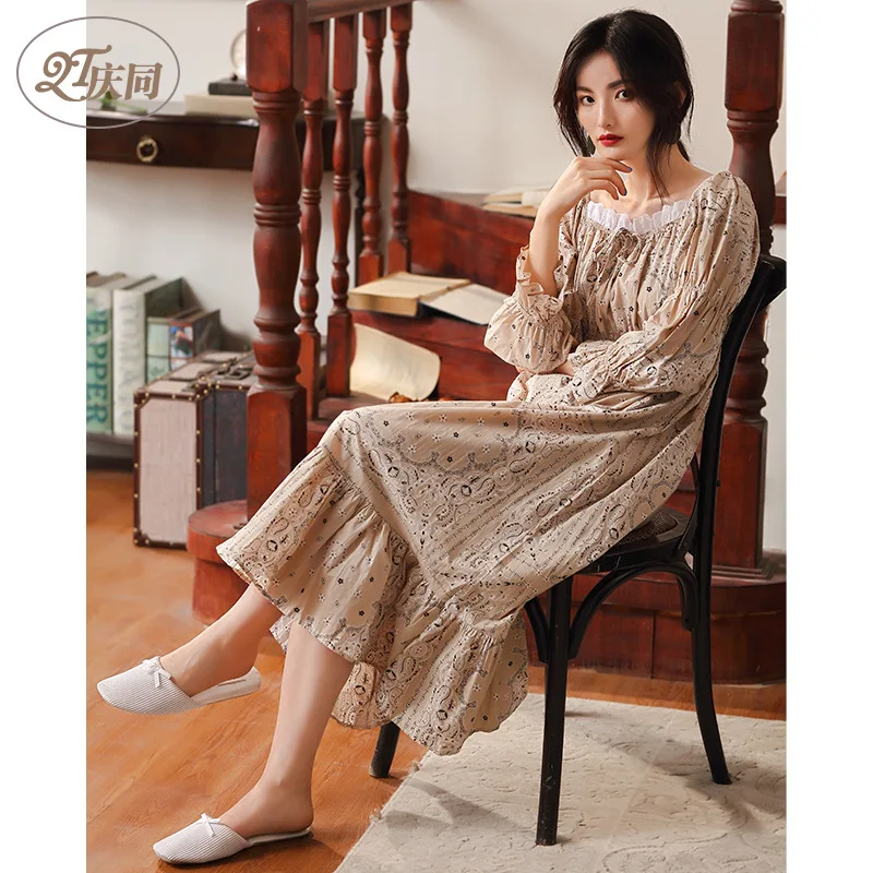 

Women Cotton Long Sleeve Nightdress Plus Size Sleepwear Long Korean Retro Palace Spring Thin Lovely Princess Loose Sleepshirts