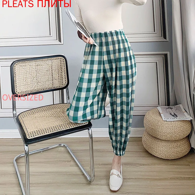 Heavy Fabric Miyake Pleated Pants Women's Autumn and Winter New Versatile Check Harun Casual Capris Pleats Trousers