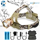 КДЖ камуфляж светодиодный налобный фонарь зарядки Водонепроницаемый светодиодный головной светильник светодиодный налобный фонарь Фонари светодиодный светильник Отдых на природе Рыбалка светильник Применение 18650 Батарея