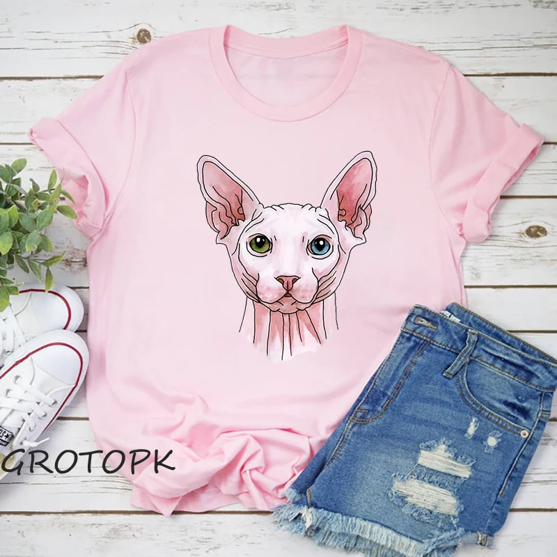 Sphynx Cat Fashion T-Shirts Pink Harajuku Couple Women T Shirts Casual Tops Tee Shirt Round Neck Short Sleeve T-Shirt | Женская одежда