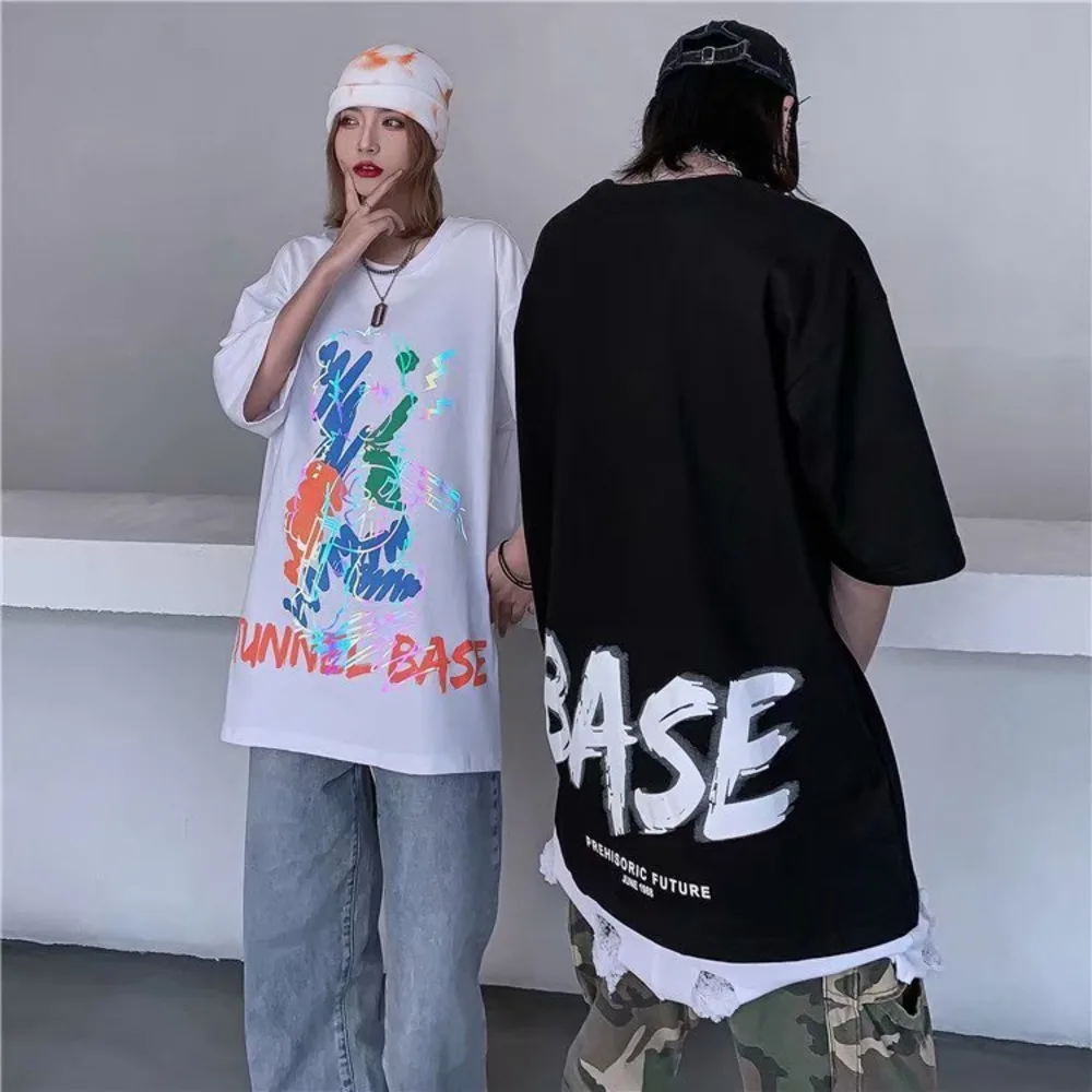 

2021 Summer Fashion Oversize Short Sleeved Men Tshirts Loose Cartoon Anime Print Fat Plus Size Men's T Shirt Couples Women Top
